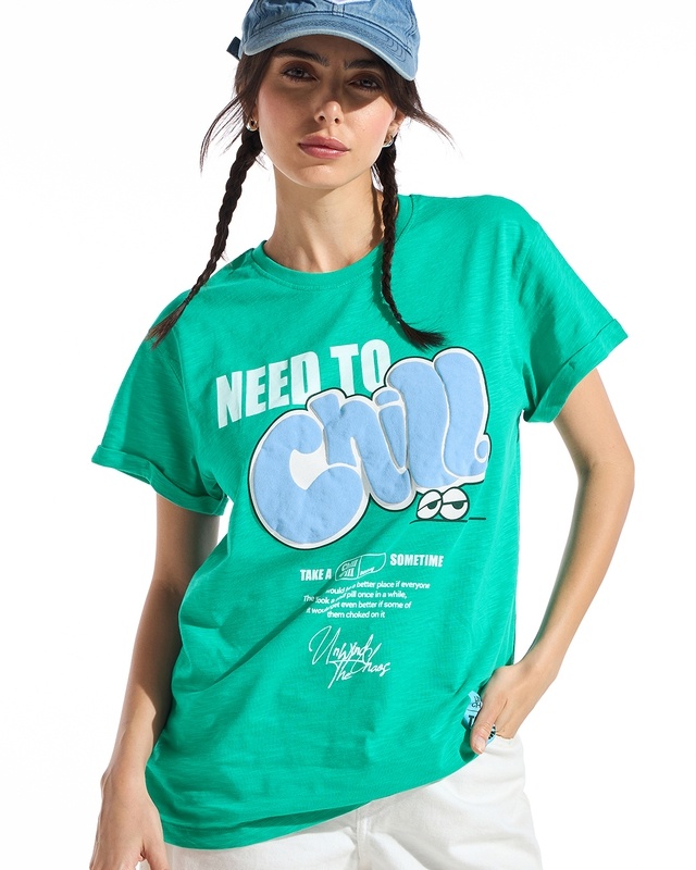 Shop Women's Green Need to Chill Graphic Printed Boyfriend T-shirt-Front