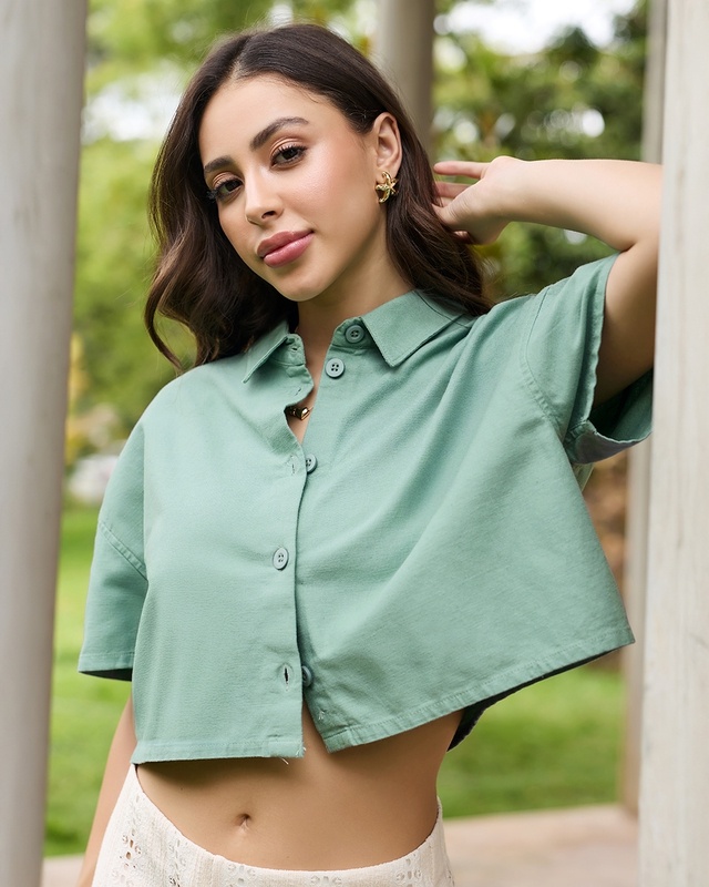 Shop Women's Green Oversized Crop Cotton Linen Shirt-Front