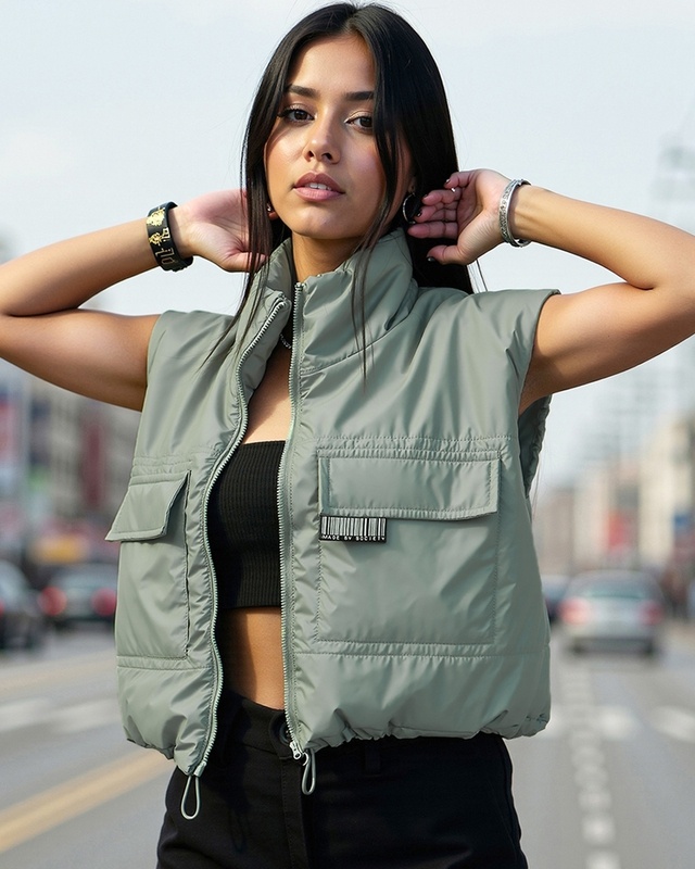 Shop Women's Green Oversized Gilet Jacket-Front