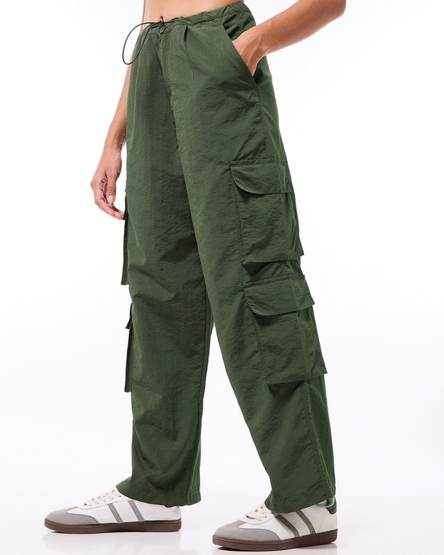 Shop Women's Olive Green Oversized Cargo Parachute Pants-Front