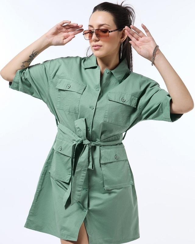 Shop Women's Green Oversized Shirt Dress-Front
