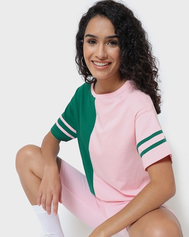 Shop Women's Green & Pink Color Block Relaxed Fit Short top-Front