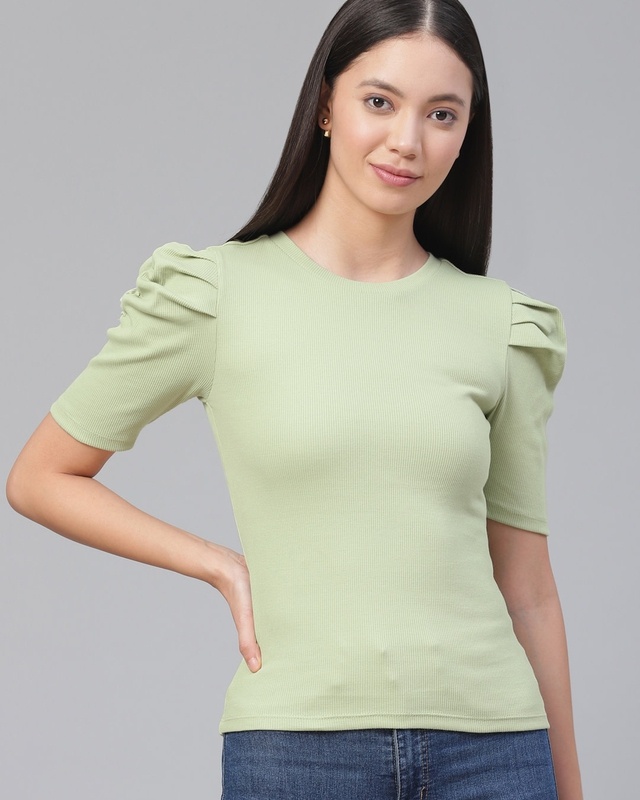 Shop Women's Green Puff Sleeve Top-Front