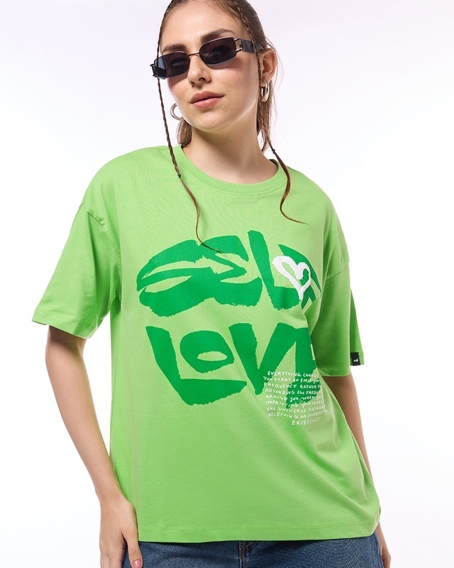 Shop Women's Green Self Love Graphic Printed Oversized T-shirt-Front