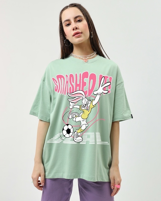 Shop Women's Green Smashed It Graphic Printed Oversized T-shirt-Front