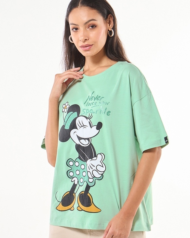 Shop Women's Green Sparkling Minnie Graphic Printed Oversized T-shirt-Front