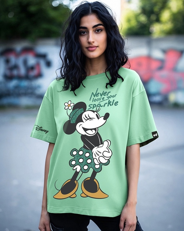 Shop Women's Green Sparkling Minnie Graphic Printed Oversized T-shirt-Front