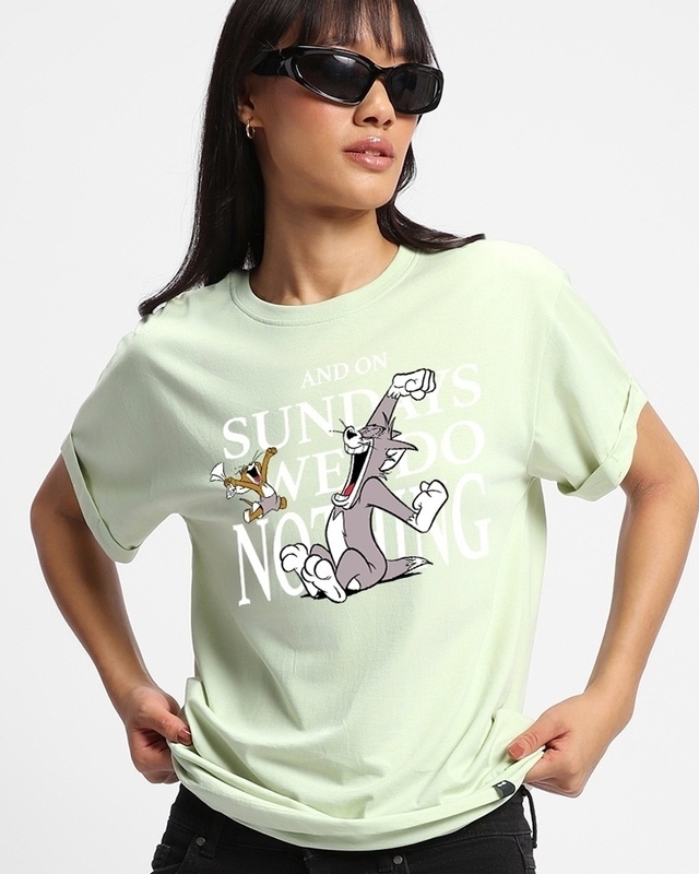 Shop Women's Green Sundays We Do Nothing Graphic Printed Boyfriend T-shirt-Front