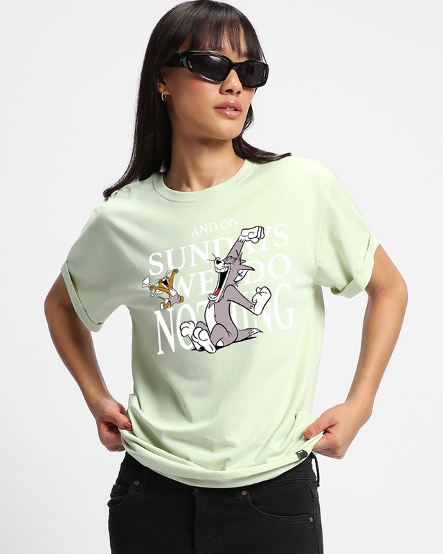 Shop Women's Green Sundays We Do Nothing Graphic Printed Boyfriend T-shirt-Front