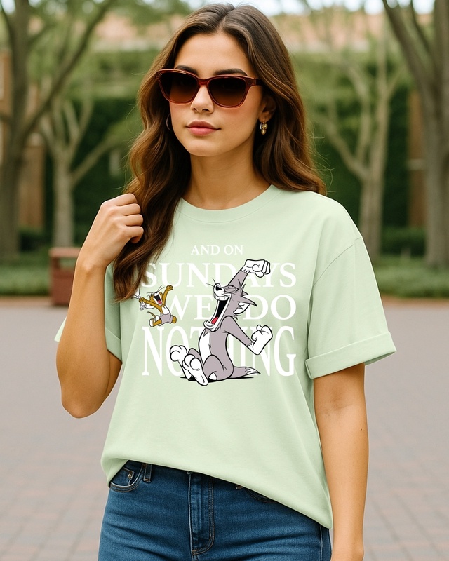 Shop Women's Green Sundays We Do Nothing Graphic Printed Boyfriend T-shirt-Front