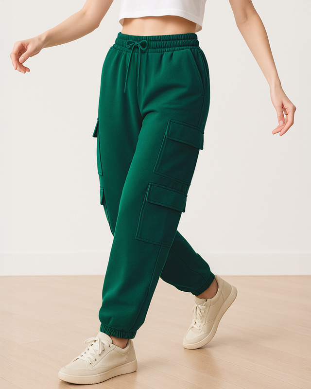 Shop Women's Green Super Loose Fit Brushed Cargo Joggers-Front