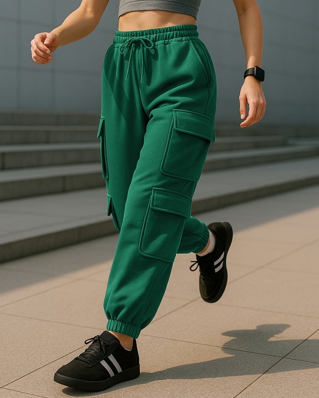 Shop Women's Green Super Loose Fit Brushed Cargo Joggers-Front