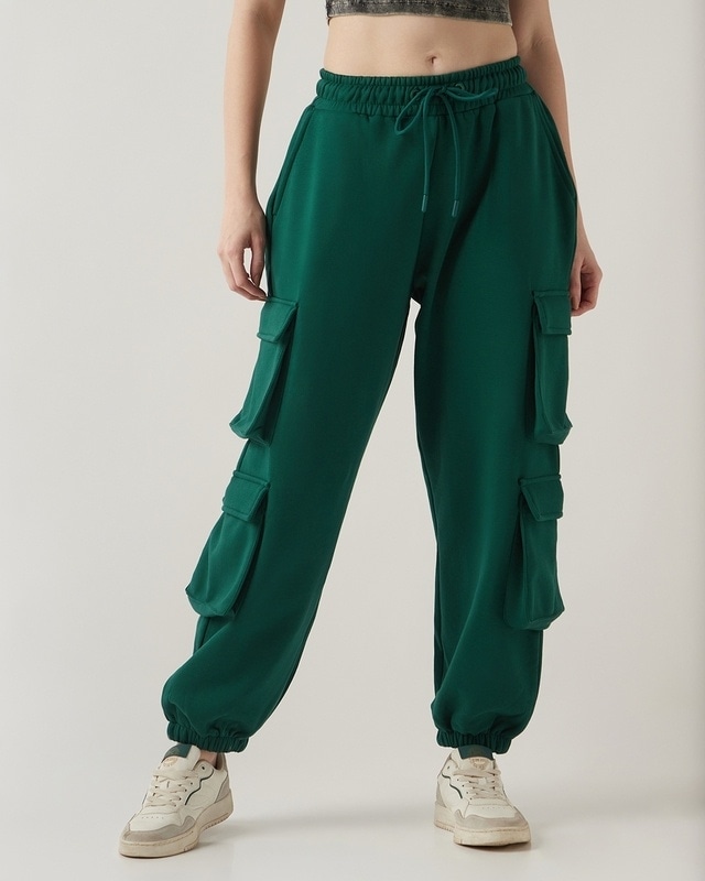 Shop Women's Green Super Loose Fit Cargo Joggers-Front