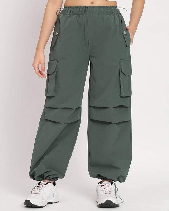 Shop Women's Green Tapered Fit Cargo Parachute Pants-Front