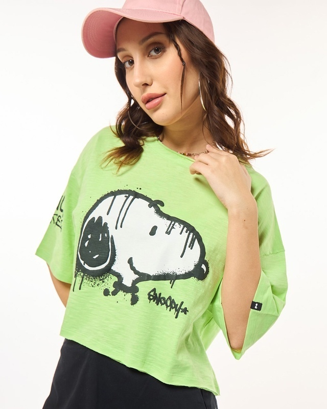 Shop Women's Green Thrill Seeker Snoopy Graphic Printed Oversized Short Top-Front