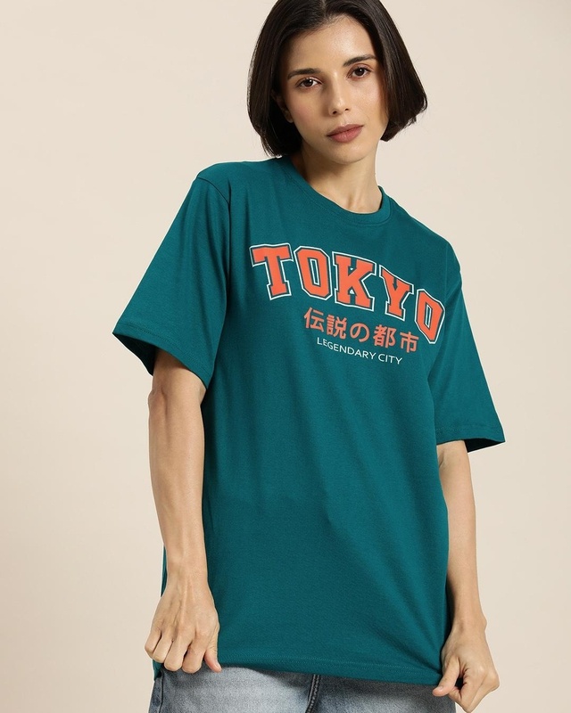 Shop Women's Blue Tokyo Typography Oversized T-shirt-Front