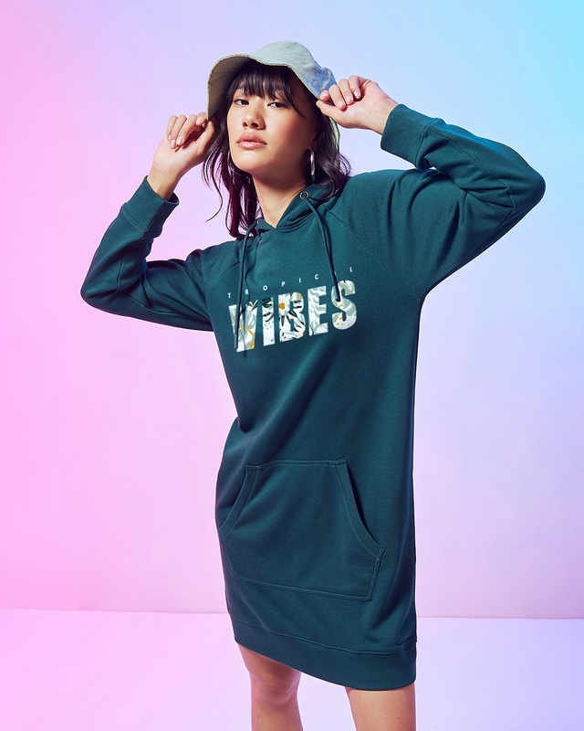 Shop Women's Green Tropical Vibes Graphic Printed Hoodie Dress-Front