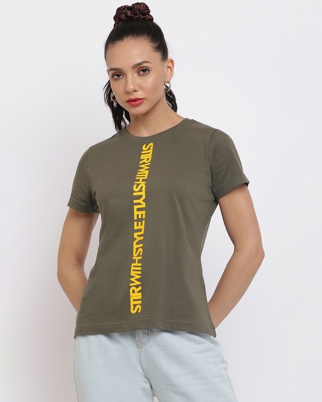 Shop Women's Olive Green Typography T-shirt-Front