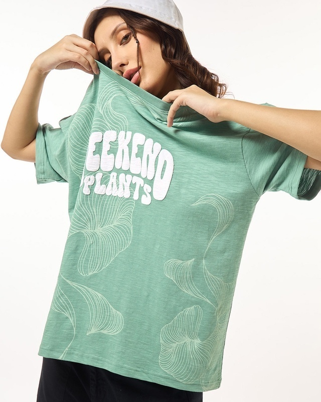 Shop Women's Granite Green Weekend Plants Graphic Printed Oversized T-shirt-Front