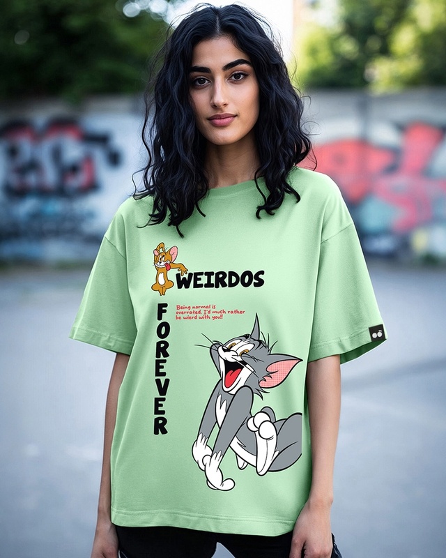 Shop Women's Green Weirdos Forever Graphic Printed Oversized T-shirt-Front