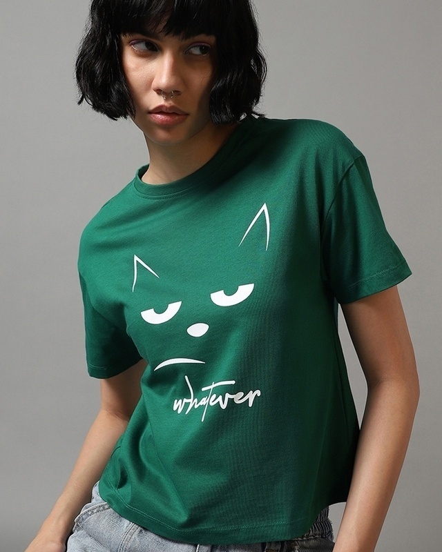 Shop Women's Green Whatever Cat Graphic Printed Relaxed Fit Short Top-Front