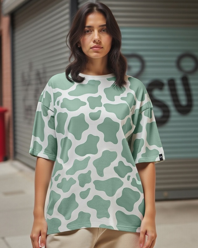 Shop Women's Green & White All Over Printed Oversized T-shirt-Front