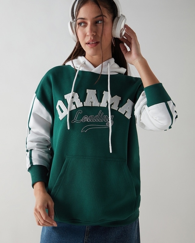 Shop Women's Green & White Graphic Printed Oversized Hoodies-Front