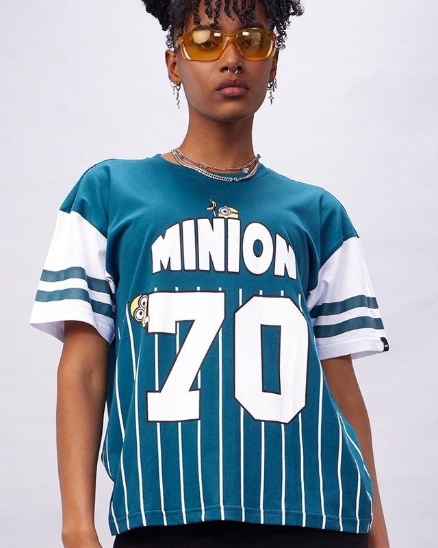 Shop Women's Green & White Minion Jersey Graphic Printed Oversized T-shirt-Front