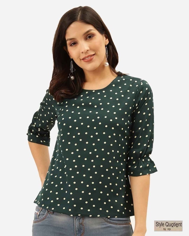 Shop Women's Green & White Polka Dot Print Regular Top-Front