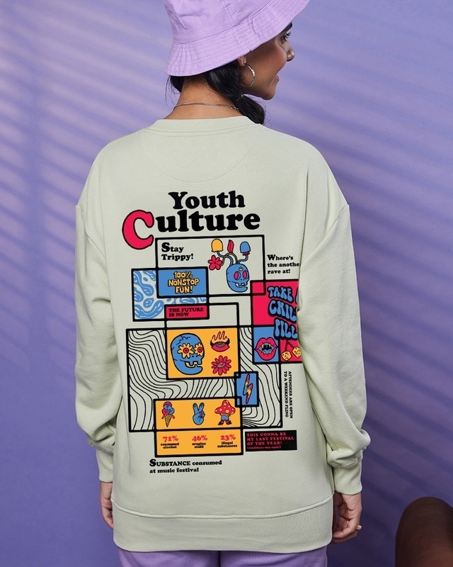 Shop Women's Green Youth Culture Graphic Printed Oversized Sweatshirt-Front