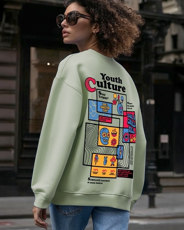 Shop Women's Green Youth Culture Graphic Printed Oversized Sweatshirt-Front