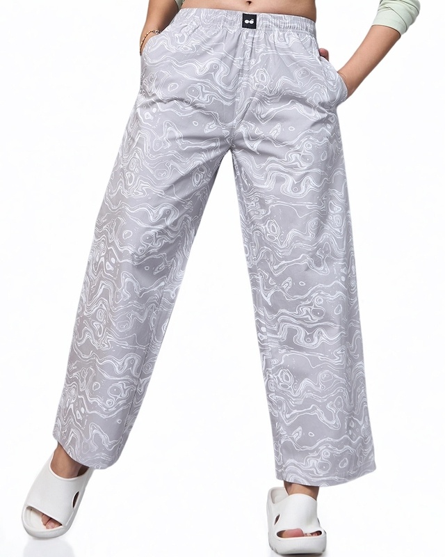 Shop Women's Grey All Over Printed Wide Leg Pyjamas-Front
