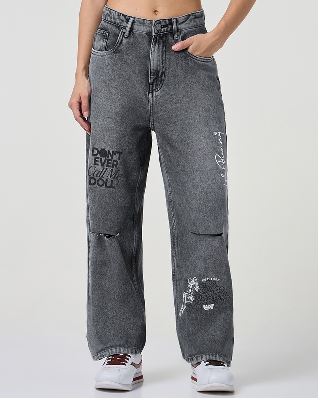 Women's Grey Distressed Washed Straight Fit Jeans-Front Bewakoof Shop Women's Grey Distressed Washed Straight Fit Jeans-Front