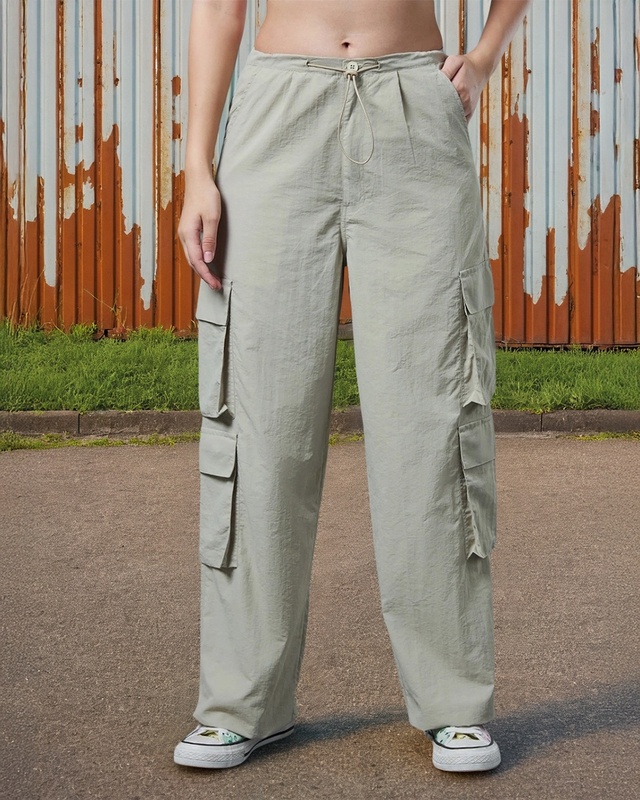 Shop Women's Grey Baggy Oversized Cargo Parachute Pants-Front