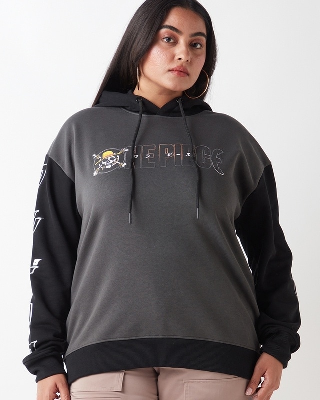 Shop Women's Grey  & Black Graphic Printed Oversized Plus Size Hoodies-Front