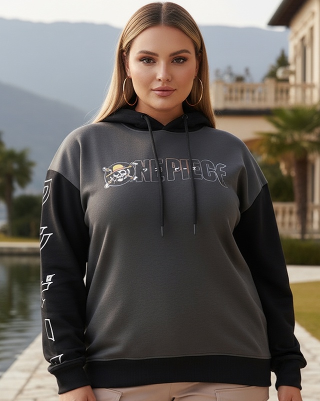 Shop Women's Grey  & Black Graphic Printed Oversized Plus Size Hoodies-Front