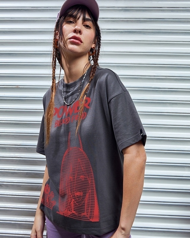 Shop Women's Grey Blood Fiend Graphic Printed Oversized T-shirt-Front