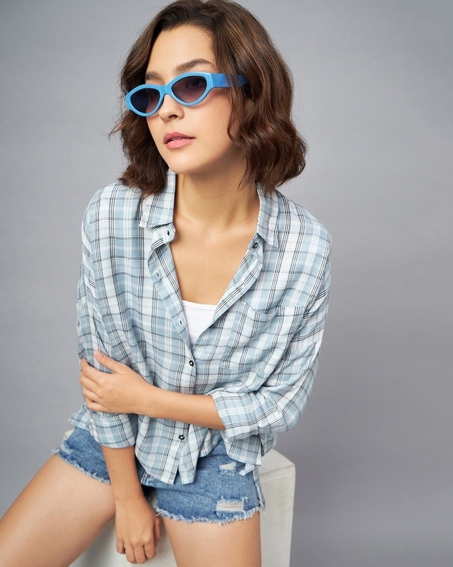 Shop Women's Grey & Blue Checked Loose Fit Shirt-Front
