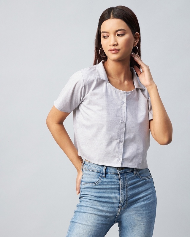 Shop Women's Grey Boxy Fit Crop Shirt-Front