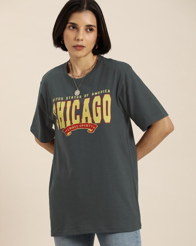 Shop Women's Grey Chicago Typography Oversized T-shirt-Front