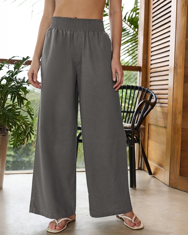 Shop Women's Grey Flared Cotton Linen Pants-Front