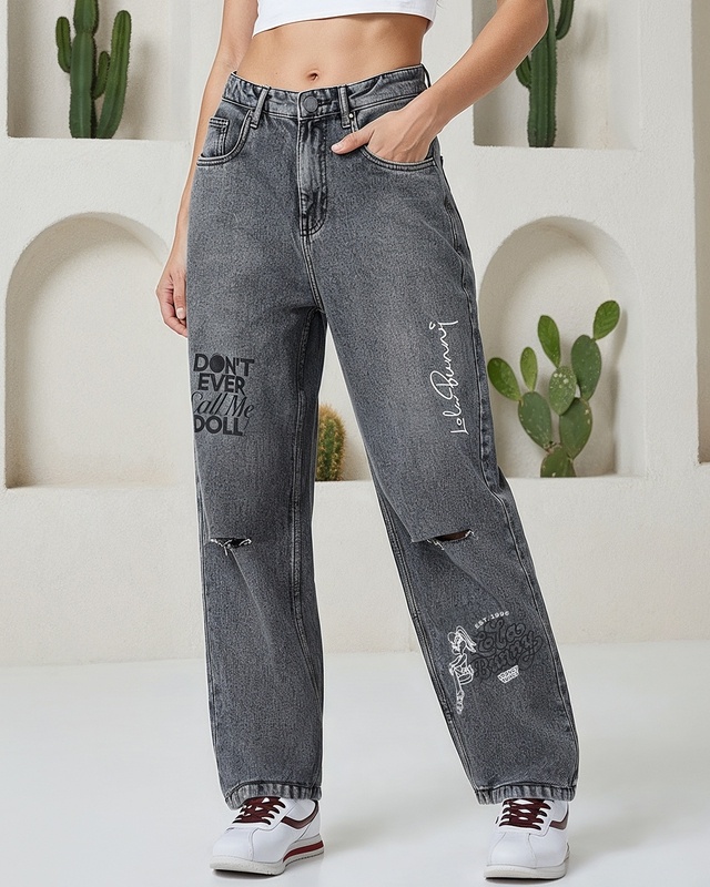 Women's Grey Distressed Washed Straight Fit Jeans-Front Bewakoof Shop Women's Grey Distressed Washed Straight Fit Jeans-Front
