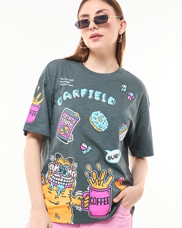 Shop Women's Grey Garfield Burp Graphic Printed Oversized T-shirt-Front