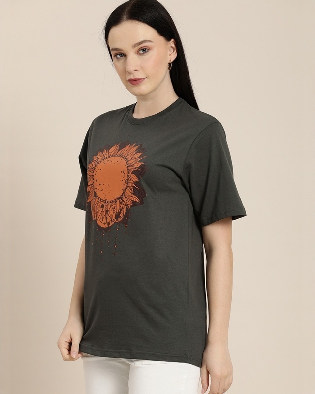 Shop Women's Grey Graphic Print Oversized T-shirt-Front