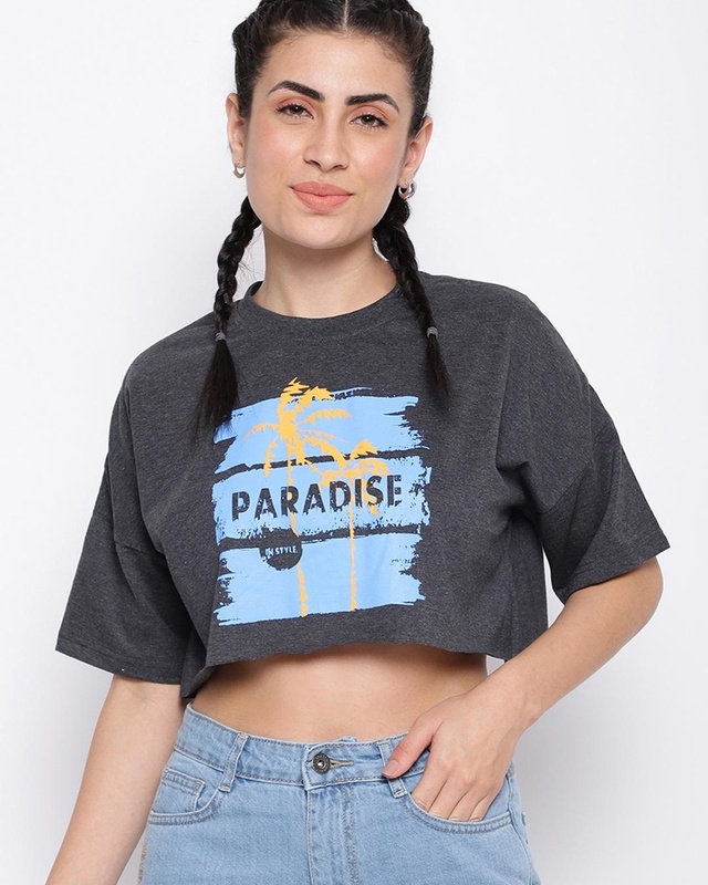 Shop Women's Grey Graphic Printed Loose Fit Crop T-shirt-Front