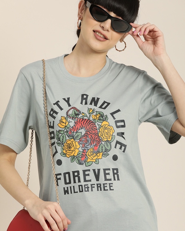 Shop Women's Grey Liberty and Love Typography Oversized T-shirt-Front