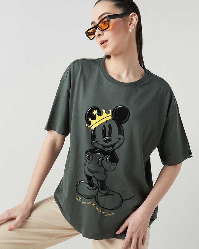 Shop Women's Grey Mickey Crown Graphic Printed Oversized T-shirt-Front