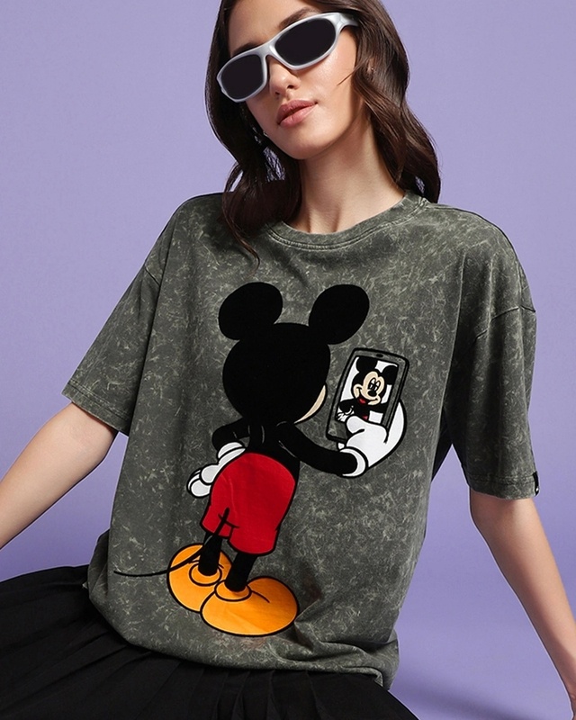 Shop Women's Grey Mickey Graphic Printed Oversized T-shirt-Front