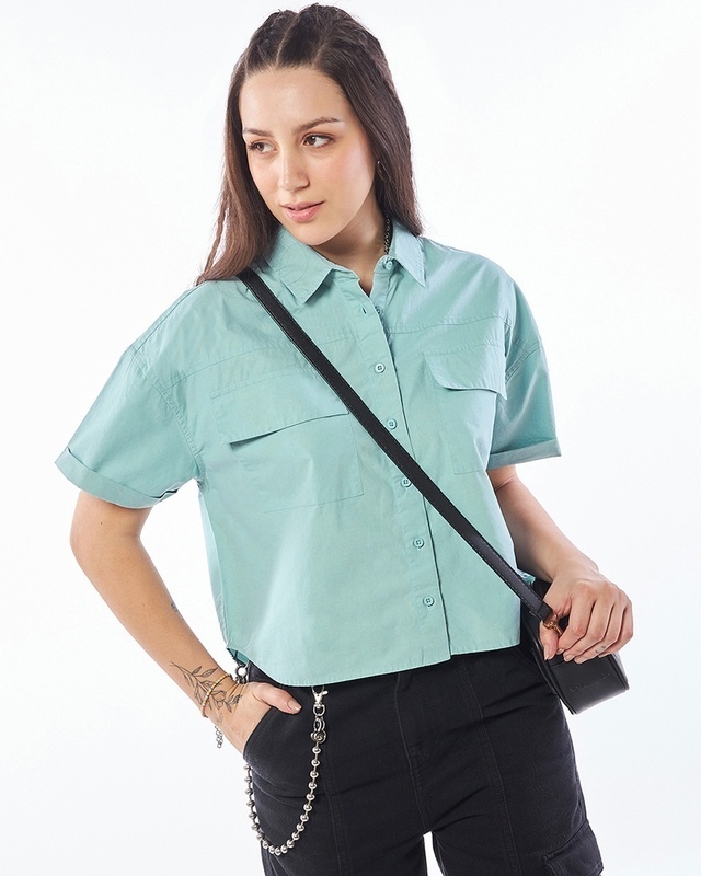 Shop Women's Pale Sky Blue Oversized Crop Shirt-Front