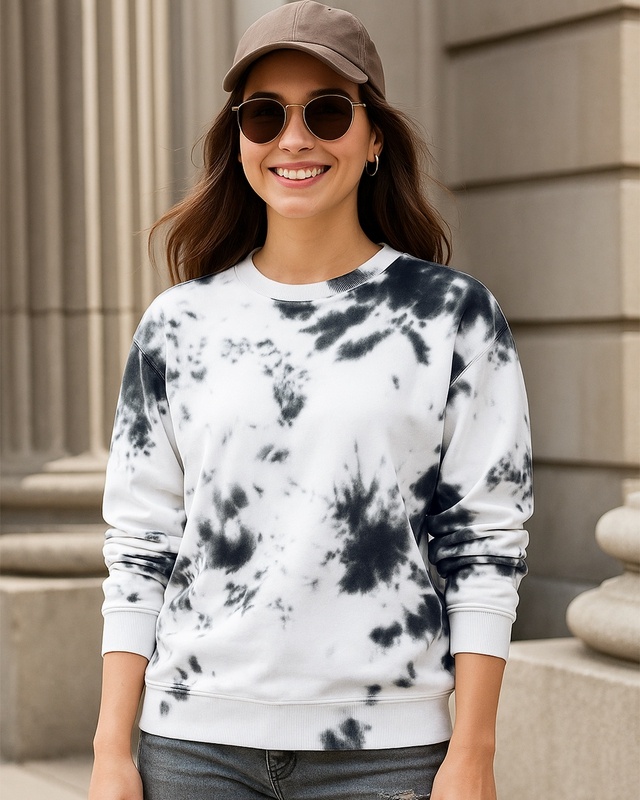 Women's White & Grey Tie & Dye Oversized Sweatshirt-Front Bewakoof Shop Women's White & Grey Tie & Dye Oversized Sweatshirt-Front